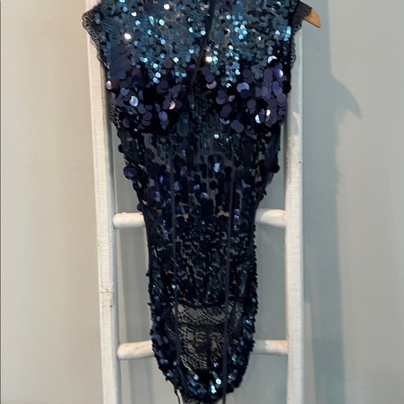 Free people Melrose sequin n lace nwt holiday backless midnight blue bodysuit M - Picture 11 of 14